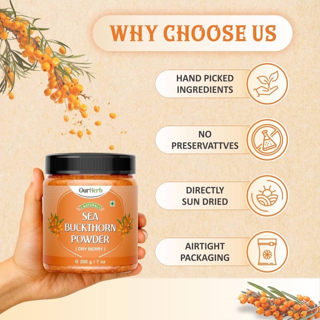 Sea Buckthorn Berry Powder - 200 grams - Pure Sea Buckthorn Powder - Natural Source of Vitamins, Omega-3,6,7,9 & Anti Oxidants — Amazon image 5
