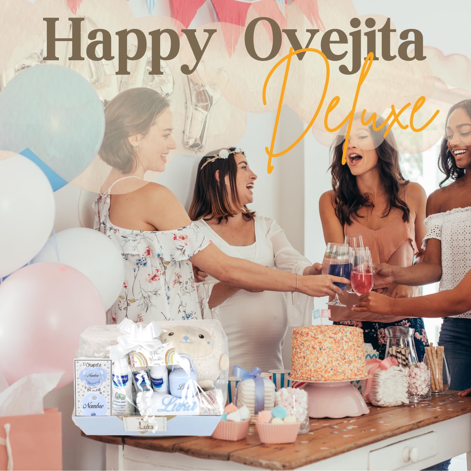 Cesta Regalo Bebé Personalizada Happy Ovejita Deluxe con Peluche, Manta Suave, Set de Higiene, Gasa Bordada, Chupete con Nombre, Cadena, Guardachupete y Marco (Ovejita Azul)