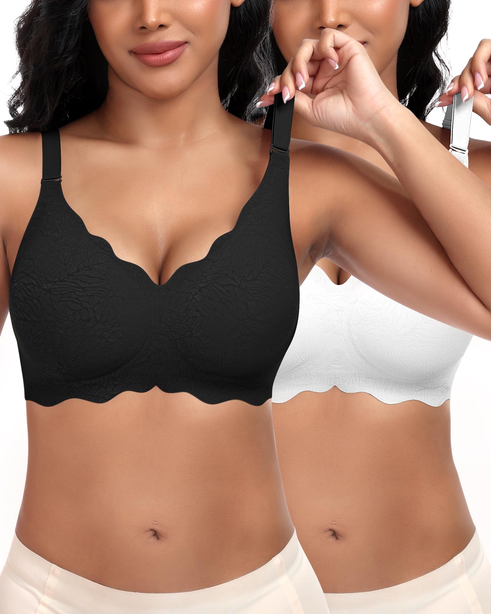 Jiuday Damen BH ohne Bügel Spitzen Soft BH Große Brüste Starker Halt Push Up Bügelloser BHS Gepolstert Seamless Bequemer Nahtloser Bra V-Ausschnitt Bralette
