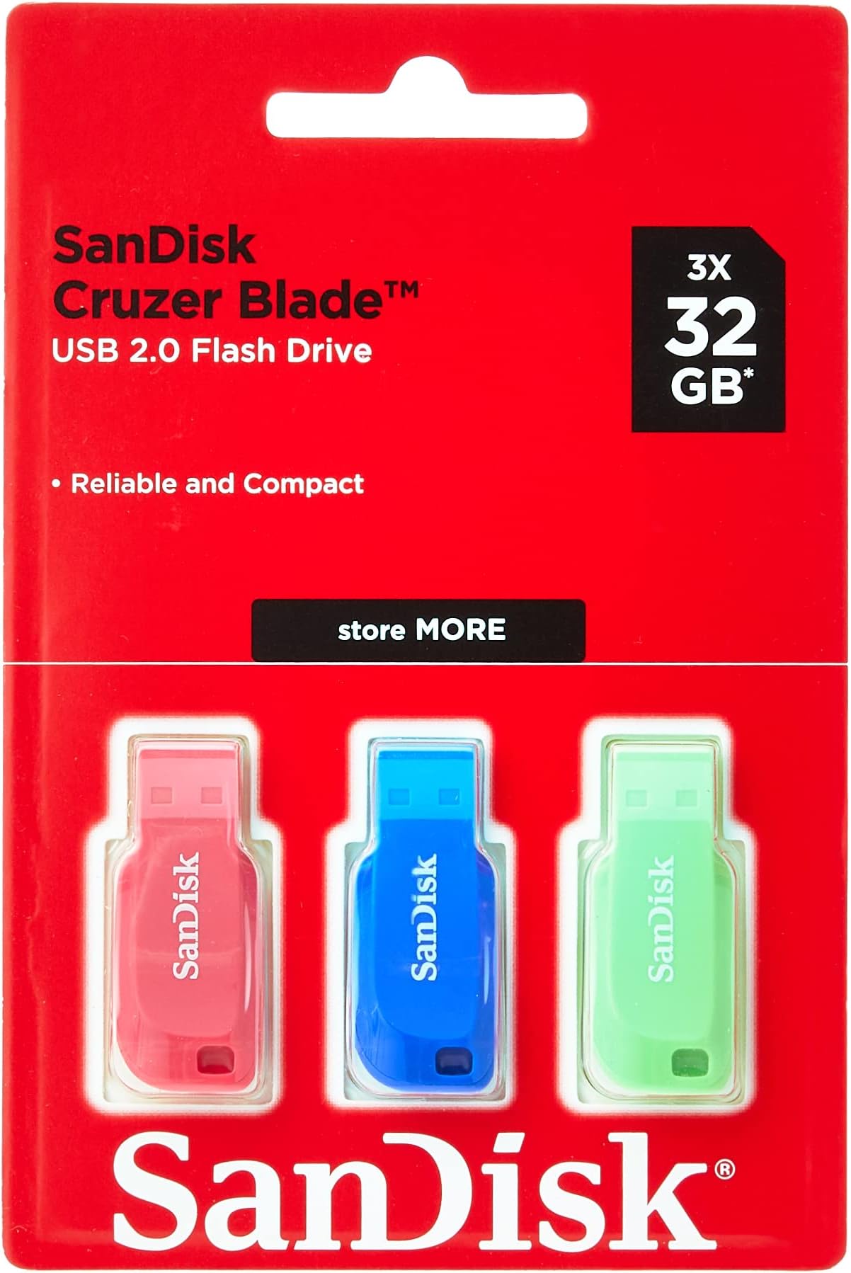 SanDisk 32GB Cruzer Blade USB Flash Drive , Blue/Pink/Green, 3count(Pack of 1)