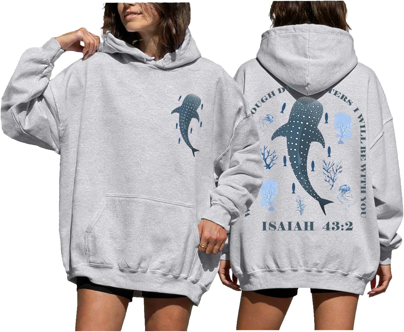 Whale Shark Hoodie Whale Shark Sweatshirt Vintage Christian Bible Verse When You Go Through Deep Waters Shirt