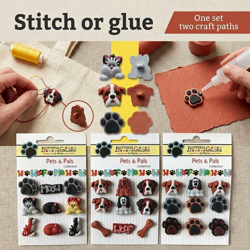 Assorted 3D Pet Buttons – 36-Piece Set for Sewing, Scrapbooking & DIY Crafts – Cute Dogs, Cats, Paws & Bones