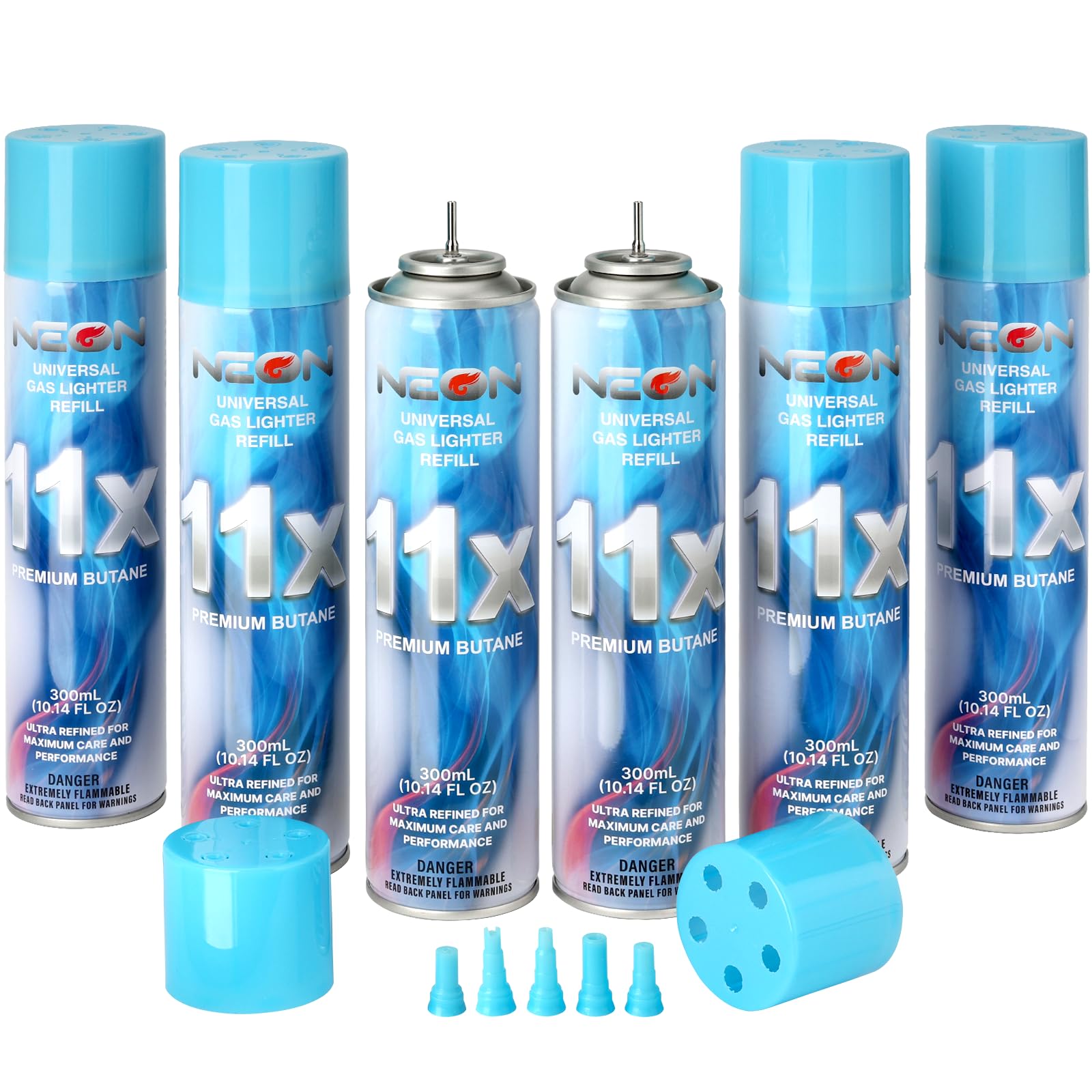 Amazon.com: NEON Butane Refill, 11X Ultra-Refined Butane Fuel, 300ml  Premium Lighter Fluid with Metal Nozzle & 5 Butane Gas Refill Adapters for  Refillable Jet Flame Lighters, Torches, and Culinary Use, 6 Cans :