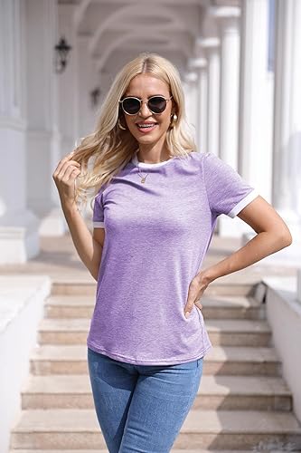 Vista 2 de Camiseta básica de manga corta para mujer, cuello redondo, bloque de color básico