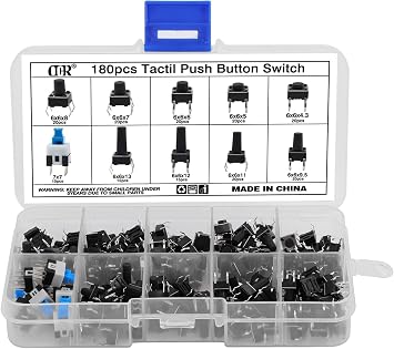 180Pcs Tactile Push Button Switch Assortment Kit, 10 Values 6x6mm 4-Pin Micro Momentary Tact Switch Set