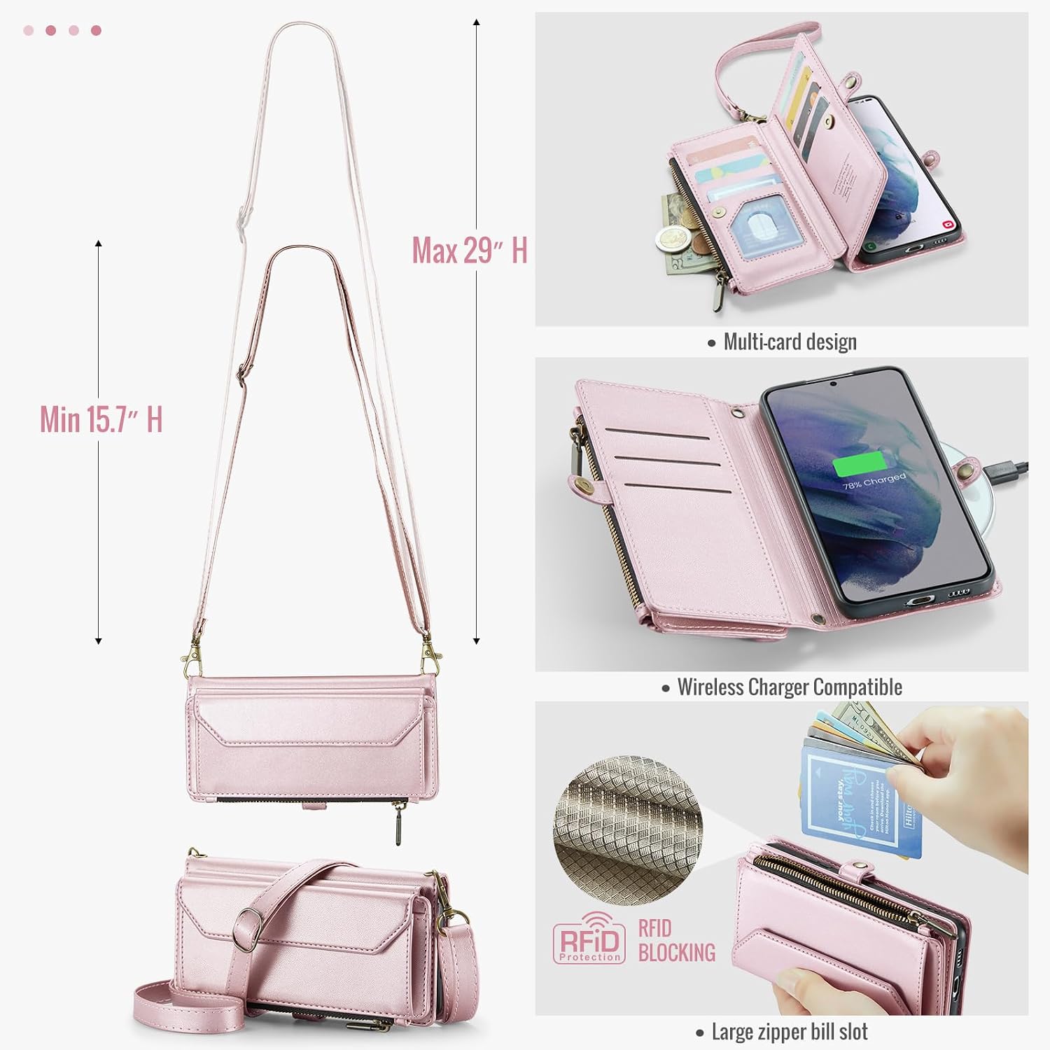 Asuwish Phone Case for Samsung Galaxy S21 Plus S21+ 5G Zipper Wallet Cover with Tempered Glass Screen Protector and Flip RFID Blocking Card Holder Cell S21+5G S21plus 21S + S 21 21+ G5 Women Rose Gold