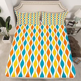 Colorful Striped Bedding Set Geometric Bed Sheet Set Turquoise Orange Yellow White Fitted Sheet for Kids Adults Modern Geometrical Bed Cover No Flat Sheet Ultra Soft Room Decor Twin Size 2Pcs