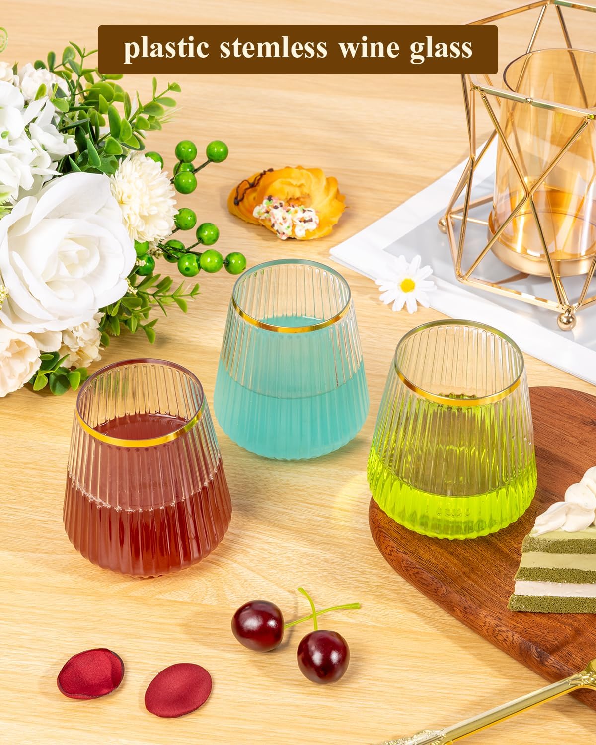 Goodluck 36 Pack 12oz Stemless Plastic Wine Glasses – Clear Ribbed Cups with Gold Rim, Fancy Reusable Disposable Drinkware for Weddings, Parties, Bars, Indoor and Outdoor Events - Image 3