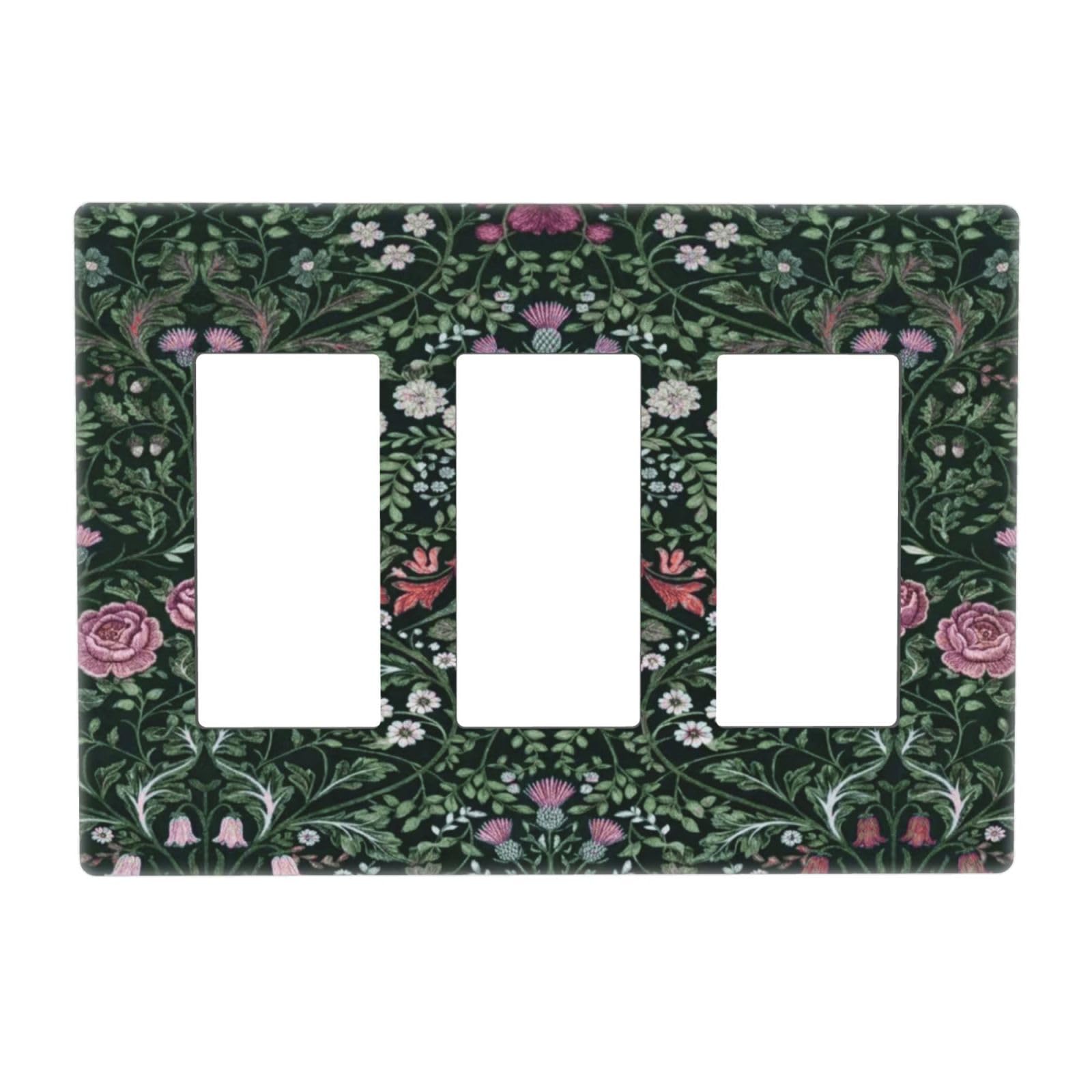 Decorative 3 Gang Outlet Decorator Light Switch Wall Plate Cover Dark Green William Boho Floral Morris Flower Leaves Spring Electrical GFCI/Rocker Screwless Faceplate Switchplate for USB Dimmer