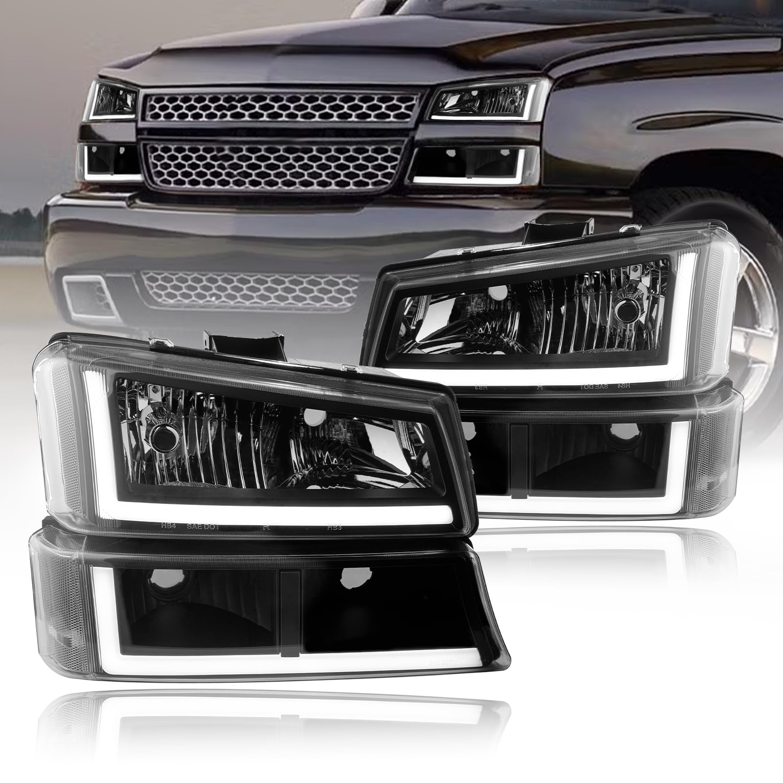 LED DRL Headlights Assembly Compatible with 2003-2006 Chevy Silverado/2003-2006 Avalanche without Factory Cladding Replacements Clear Reflector Black Housing