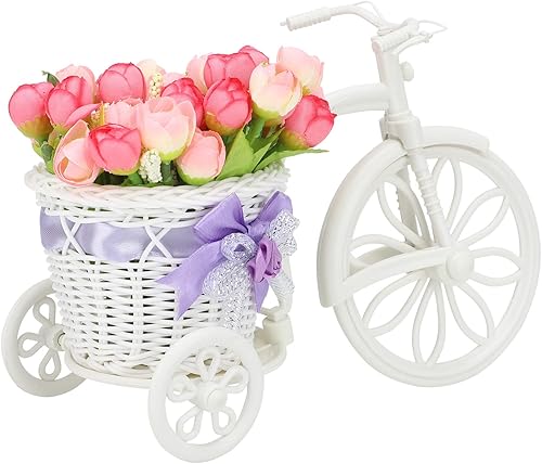 Firlar Mini triciclo con flor artificial, simulación flotante de ratán, bicicleta de plástico floral de seda falsa, decoración de rosas de seda