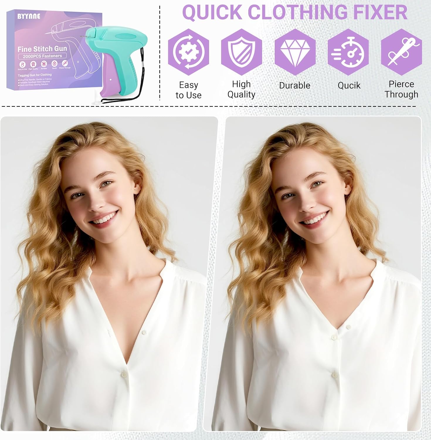 Stitch Gun for Clothes - Handheld Quick Clothing Fixer - Tagging Gun for Clothing, Sewing Kit - Includes 6 Fine Needles, 1000 Black & 1000 White Fasteners (Purple Green) - Image 2