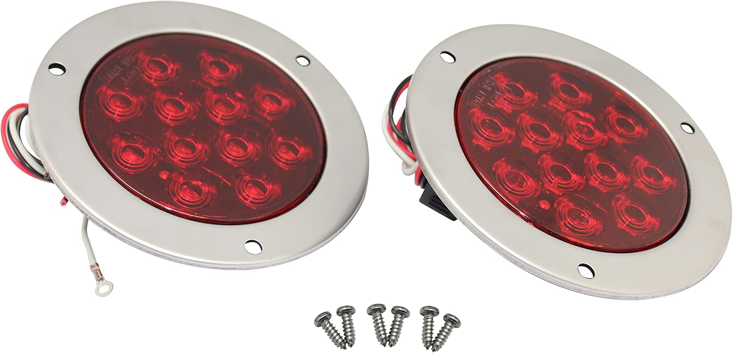 MAXXHAUL 2 Pcs 4" Round Red LED Trailer Tail Lights with Stainless Steel Bezel Ring IP67 Stop Brake Turn Tail Lights for Truck Trailer RV Jeep