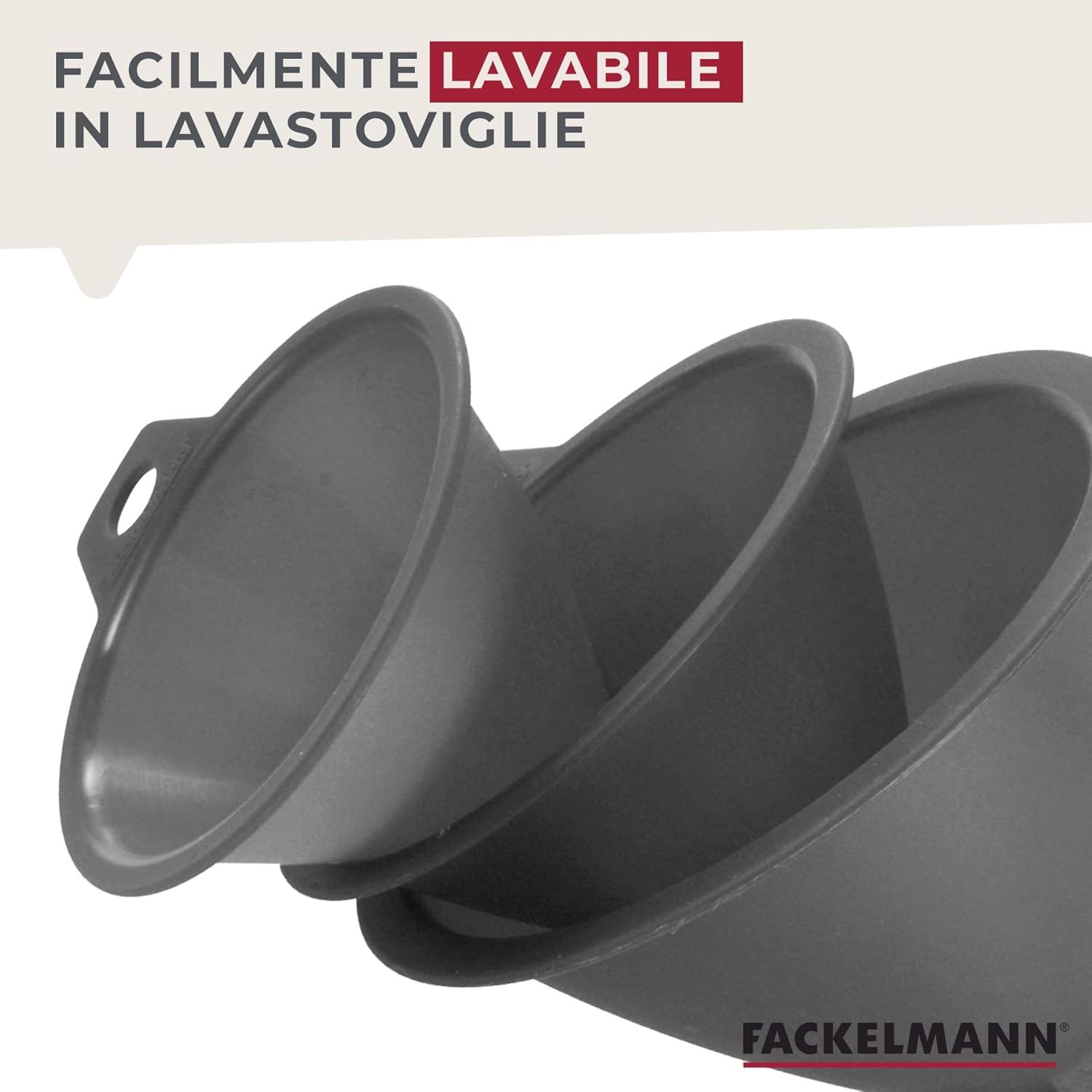 Funnels being washed in a dishwasher, with text 'FACILMENTE LAVABILE IN LAVASTOVIGLIE' (Easily Dishwasher Safe).