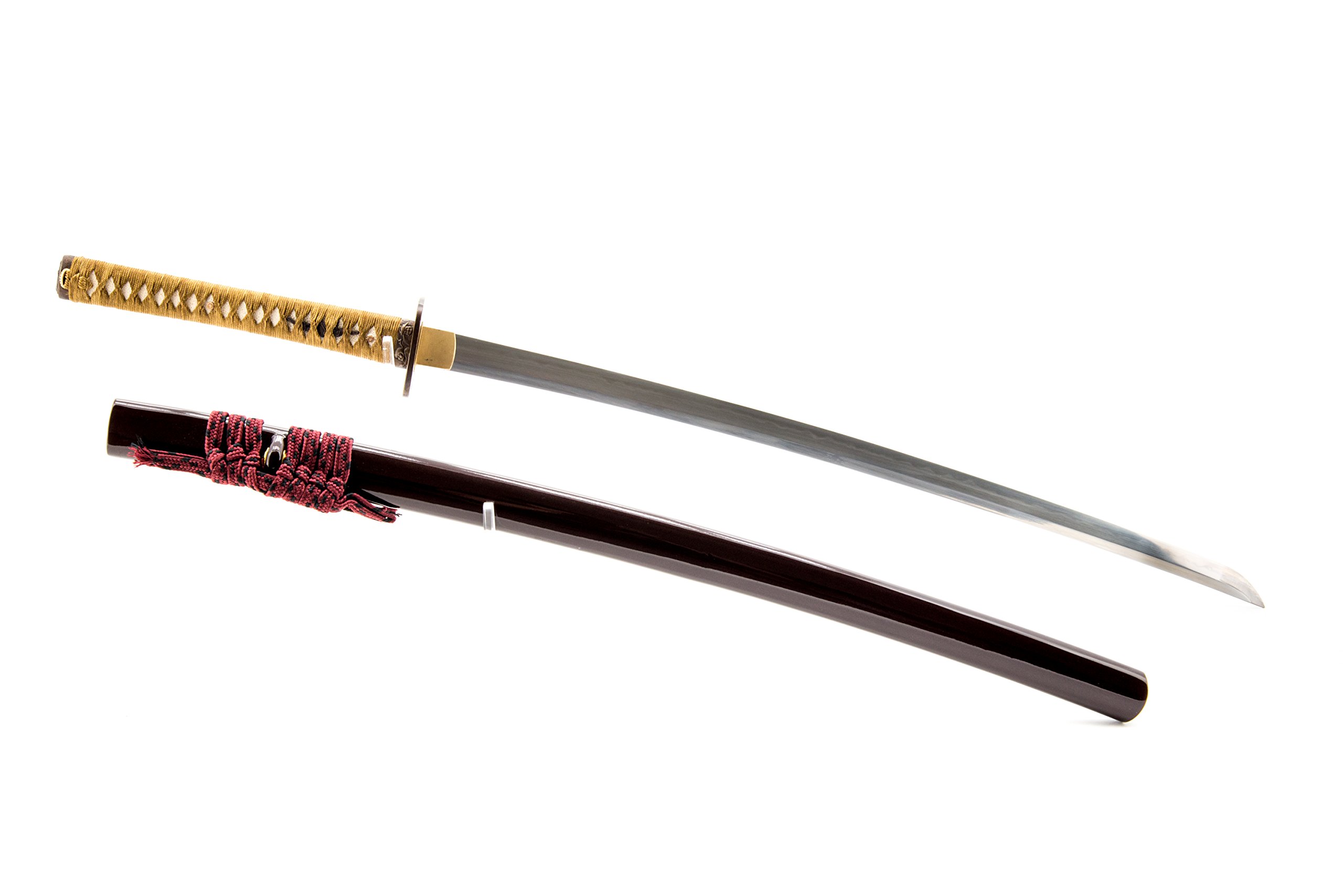 Handmade Sword - Functional Samurai Katana Sword, Fully Hand Forged, 1045 Carbon Steel, Clay Tempered, Full Tang, Sharp, Red Copper Tsuba, Burgundy Scabbard, Certificate