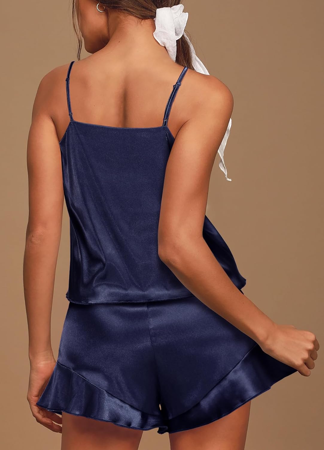 Aamikast Womens Silk Satin Pajama Sets Sexy Cami Ruffled Shorts Sets 2 Piece Pjs Sleepwear - Image 5