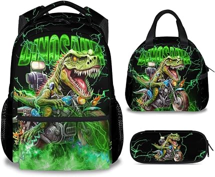 Backpack with Lunch Box, Dinosaur Backpacks for Boys, 17 Inch Kids School Bag Set, Motorcycle Bookbags for Elementary School
