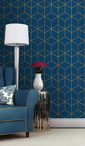 Miniatura 6 de Safiyya Papel tapiz dorado y azul oscuro, papel de contacto geométrico para despegar y pegar, papel tapiz texturizado autoadhesivo extraíble, papel