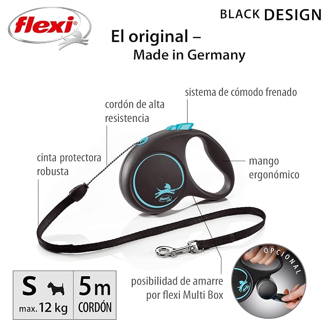 Foto 2 de 6 de Flexi® Black Design S Cordón 5 m Negro/Azul, Correa Extensible para Perros hasta máx. 12 kg