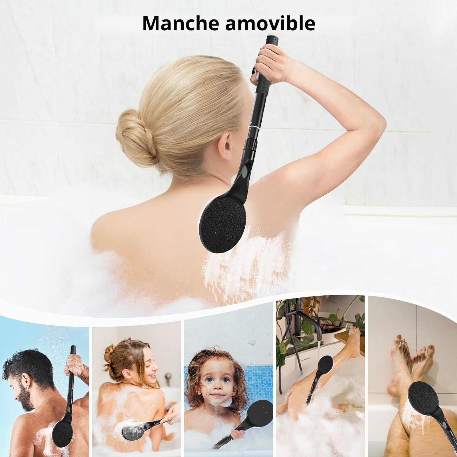 Gobiteli Brosse de douche pour le dos pour douche, 63,5 cm de long manche pour exfoliant le corps et nettoyage en profondeur, brosse à dos pour homme, femme et personnes âgées