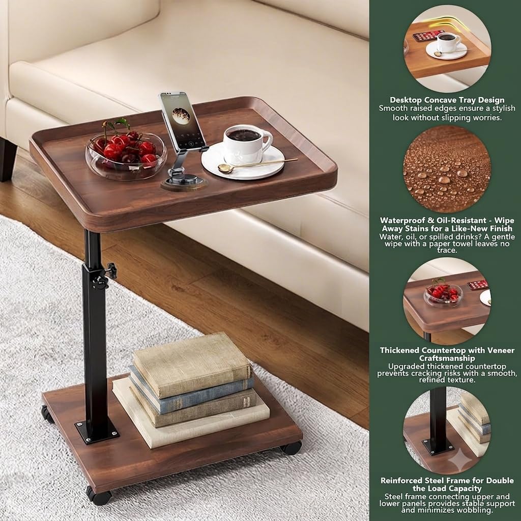 Tavolino Laterale Regolabile con Ruote – Altezza 45–80 cm, Design Rotante a 360°, Piano in MDF con Effetto Legno Noce, Struttura in Metallo Resistente, Tavolino Compatto per Divano, Letto, Sog