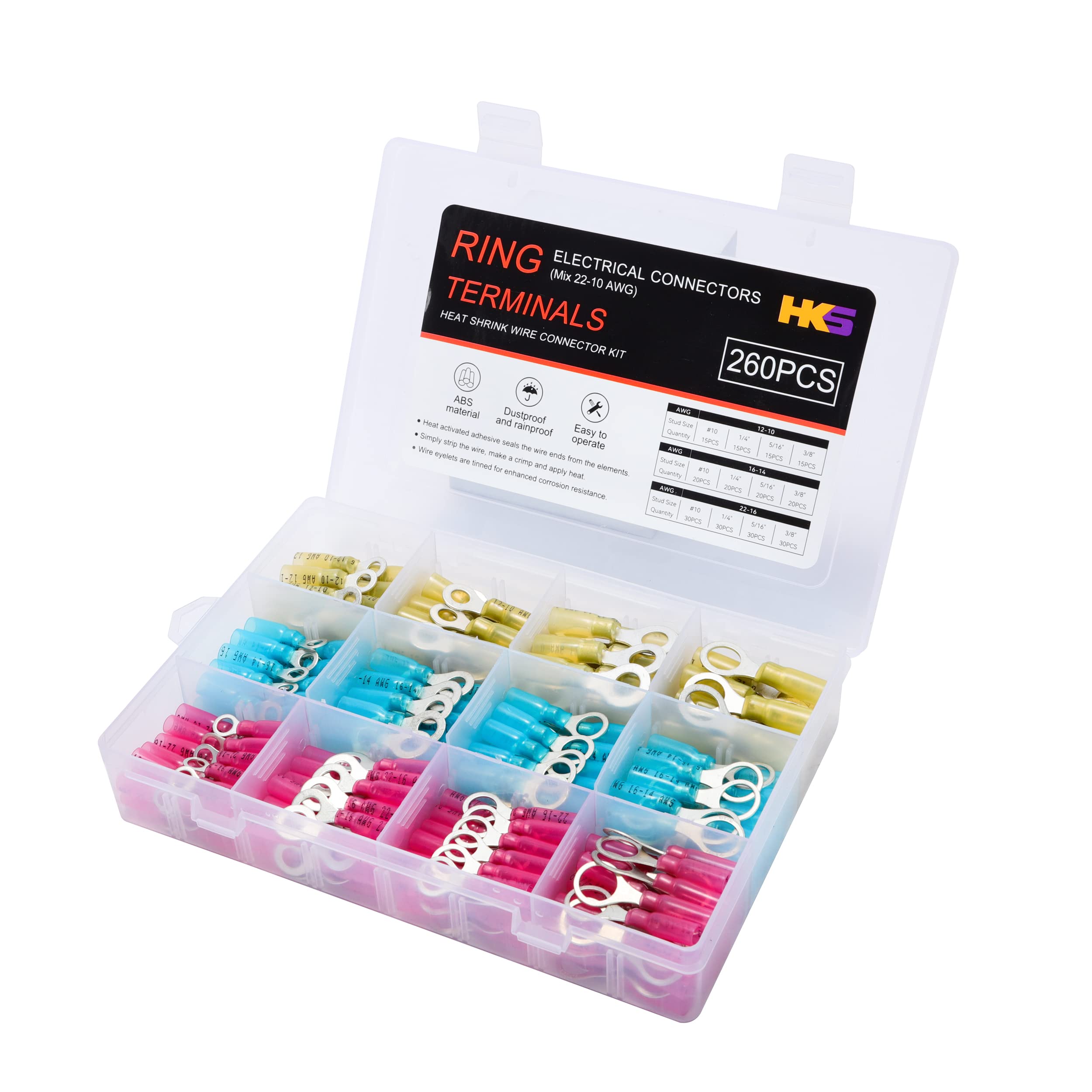 HKS 260PCS Heat Shrink Ring Terminals -12-10 16-14 22-16 AWG - Tinned Red Copper 4 Sizes #10,1/4",5/16",3/8" - Marine Electrical Wire Connector Kit -