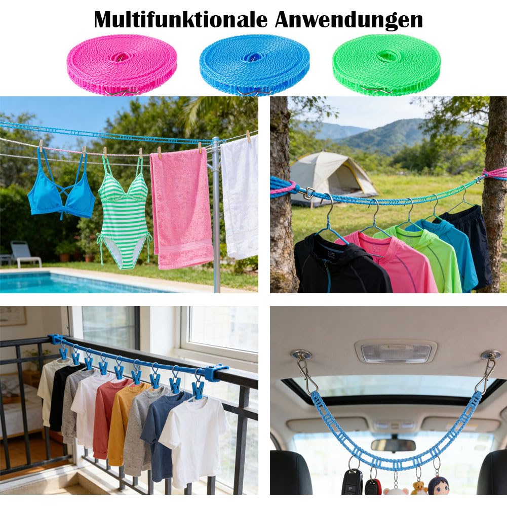 Wäscheleinen 6 Stück rutschfeste Trockenleinen mit Haken Tragbare Reisewäscheleine Doppel Wäscheleine Winddichte Kleiderleine für Kleiderbügel Balkon Garten Outdoor Camping Reisen (8 M)