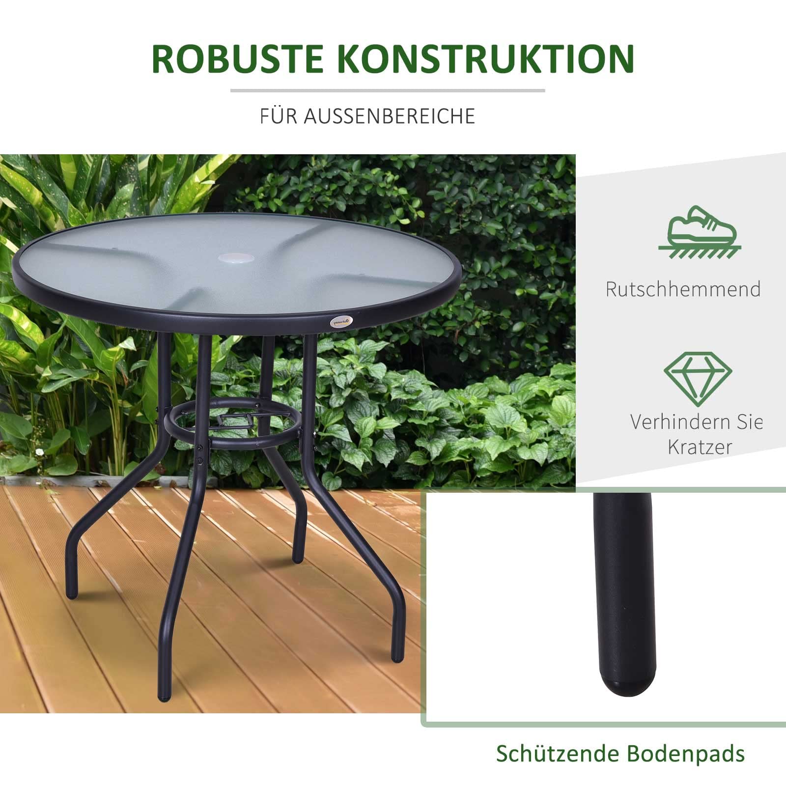 Outsunny Gartentisch Garten Beistelltisch Gartenmöbel Balkontisch Bistrotisch mit Schirmloch Hartglas + Metall Schwarz Ø80 x 72 cm