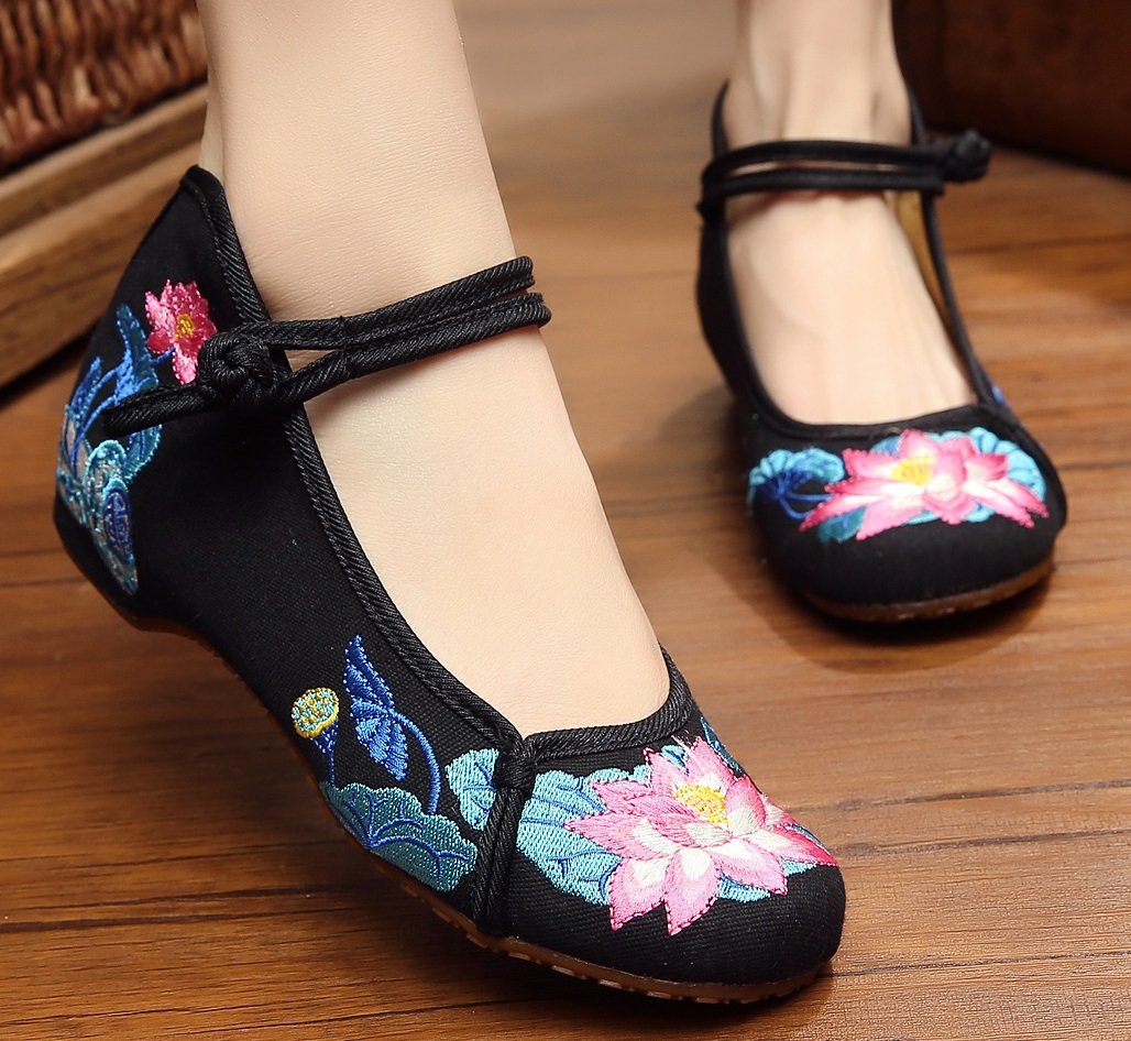 Tianrui Crown Chinese Embroidery Lotus Oxfords Sole Girls Mary Jane Plarform Shoes Black