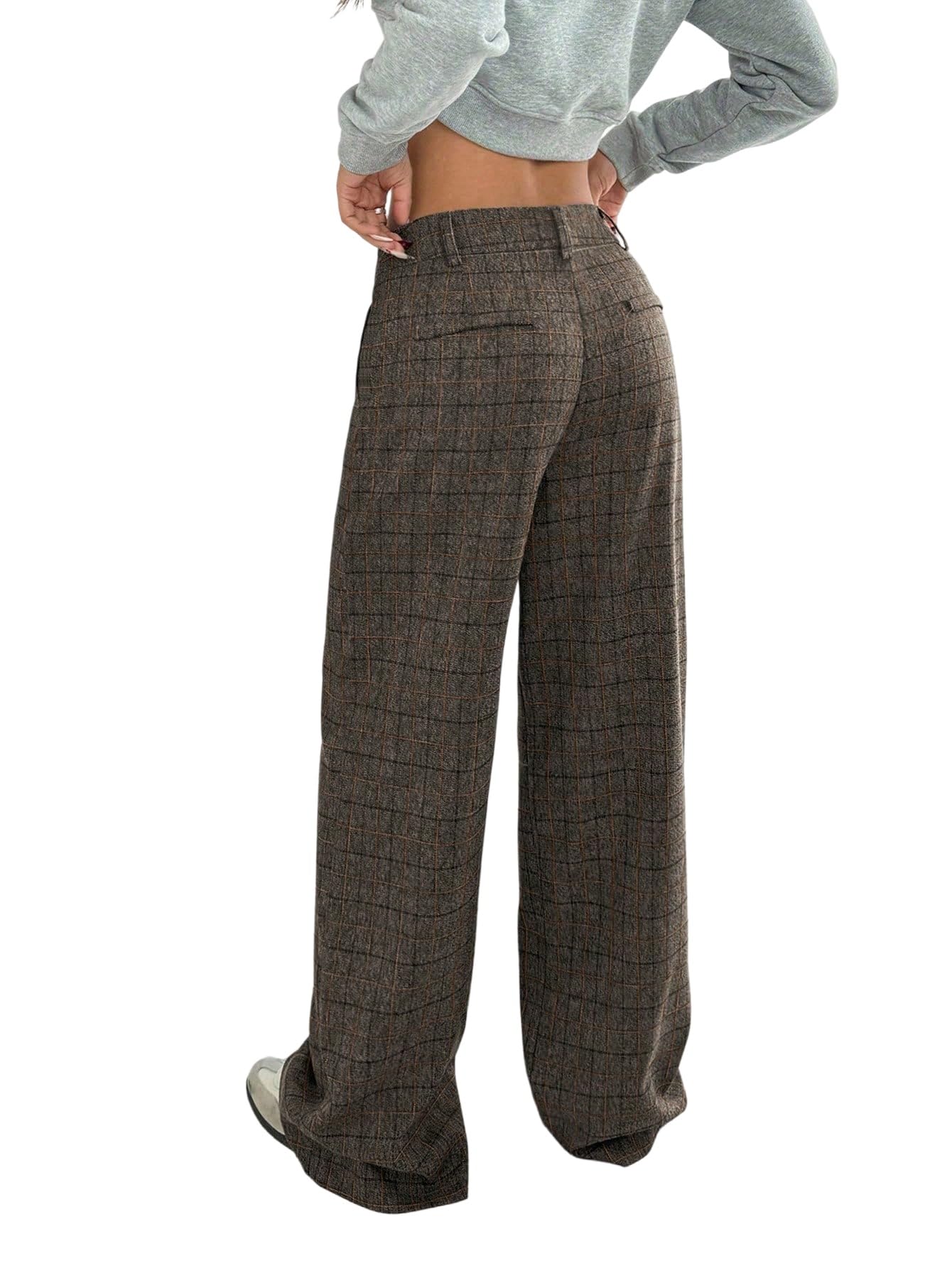 GORGLITTER Damen Vintage Karierte Hosen mit Tasche Drop Waist Weite Hose Freizeithose mit Knopf Retro Casualhose mit Reißverschluss Streetwear