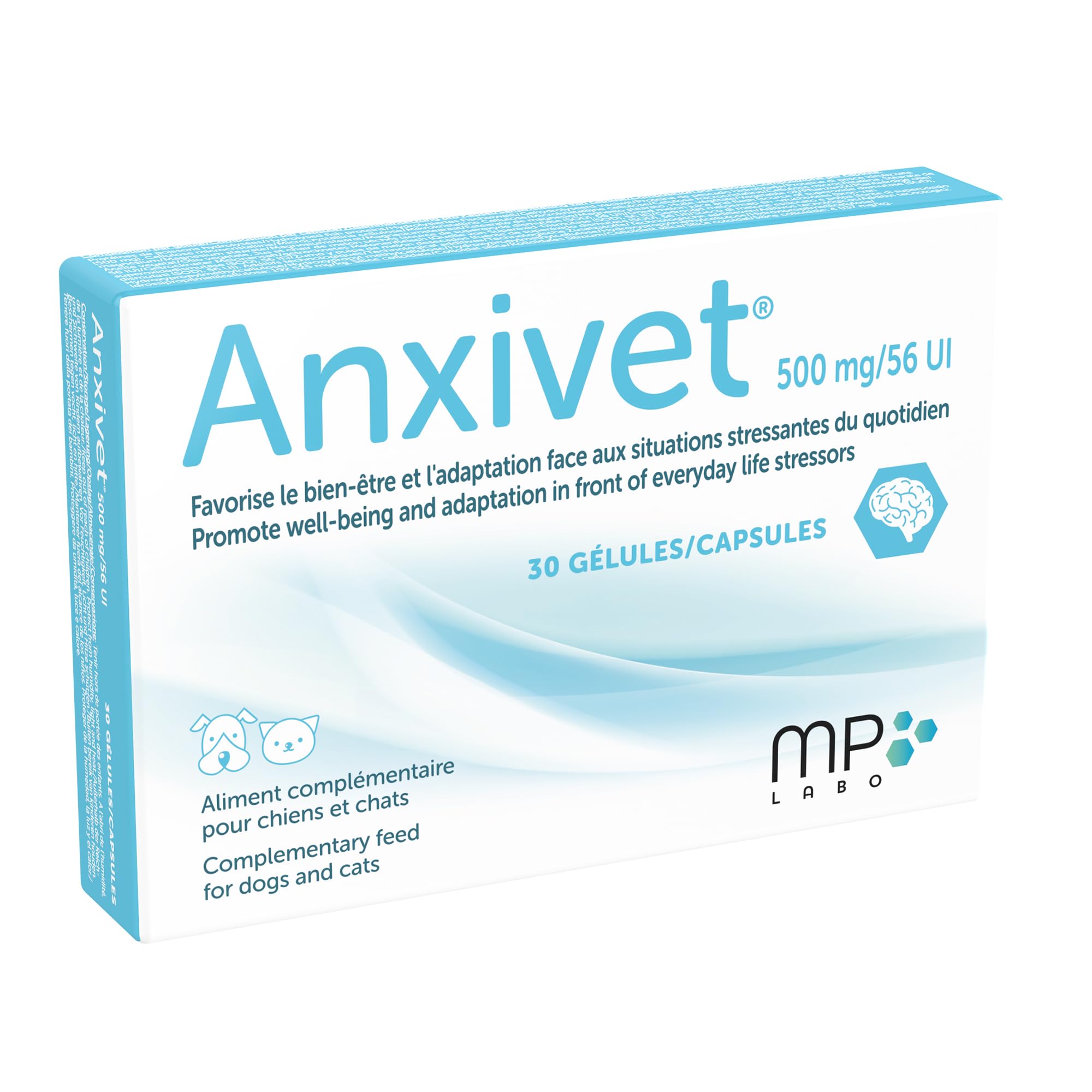 MP Labo Anxivet® - Favorise Le Bien-être et l'Adaptation Face aux Situations Stressantes du Quotidien pour Chien et Chat (500 MG 56 UI 30 gélules)