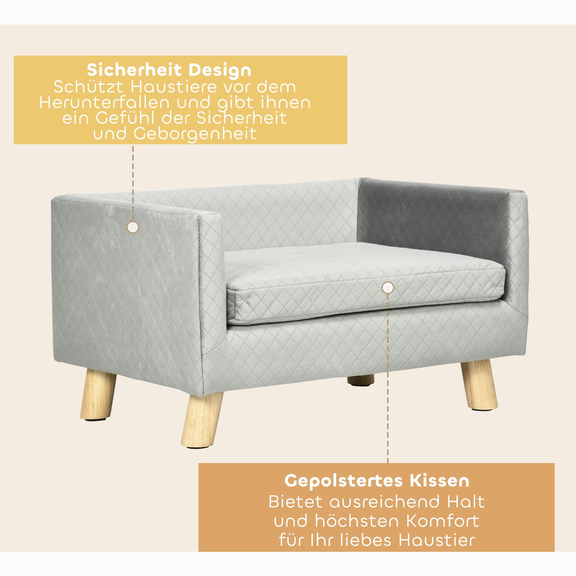 PawHut Hundesofa Hundebett Hundecouch aus Samt mit Rückenlehne, Holzbeine, Kissen, Katzensofa mit weicher Polsterung, für kleine Hunde 64 x 45 x 36 cm Dunkelgrau