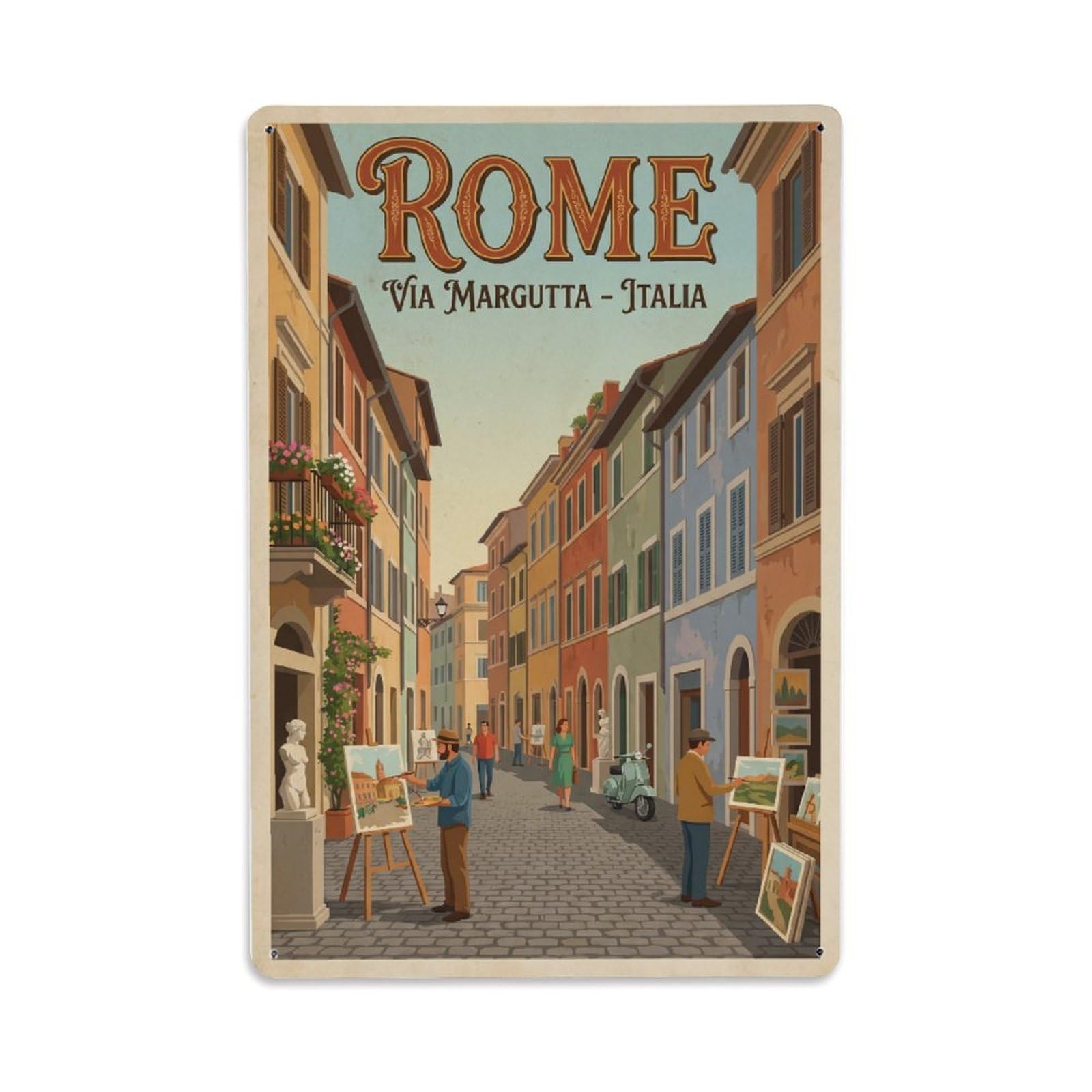 Vintage Travel Rome Via Margutta Artists Street Charming Galleries Italy Metal Tin Sign Plaque Wall Decor for Cafe, Club Bar, Office, Home Garden Metal Poster 8x12Inch