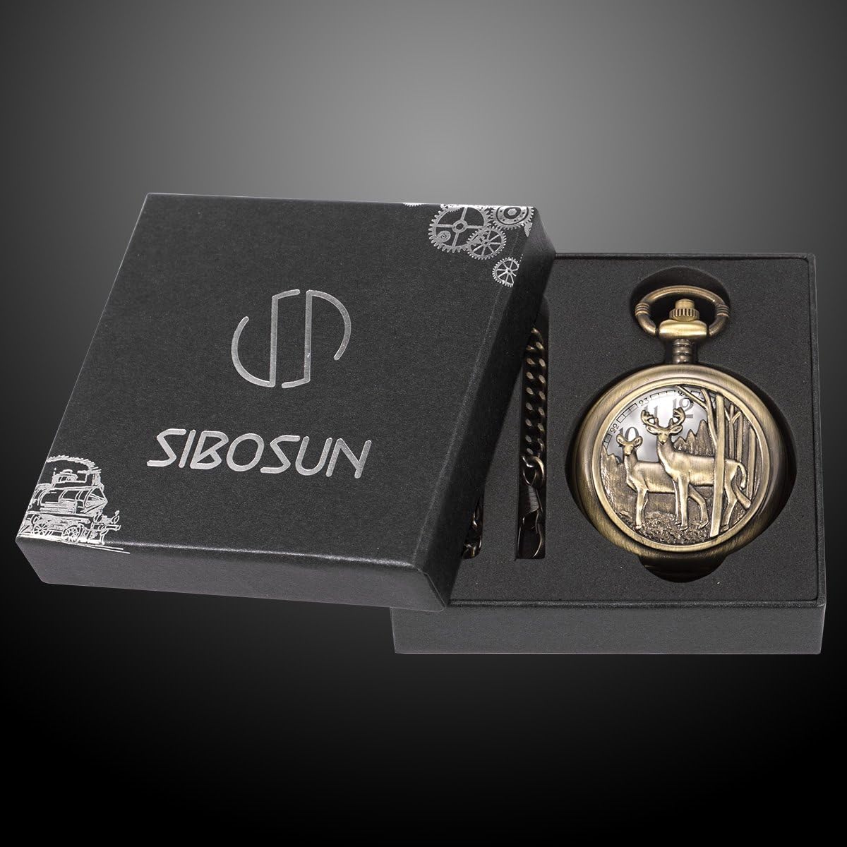 SIBOSUN Pocket Watch with Chain Deer Reindeer Woodland Men Smooth Back Case Bronze Vintage Box Quartz : Clothing, Shoes & Jewelry