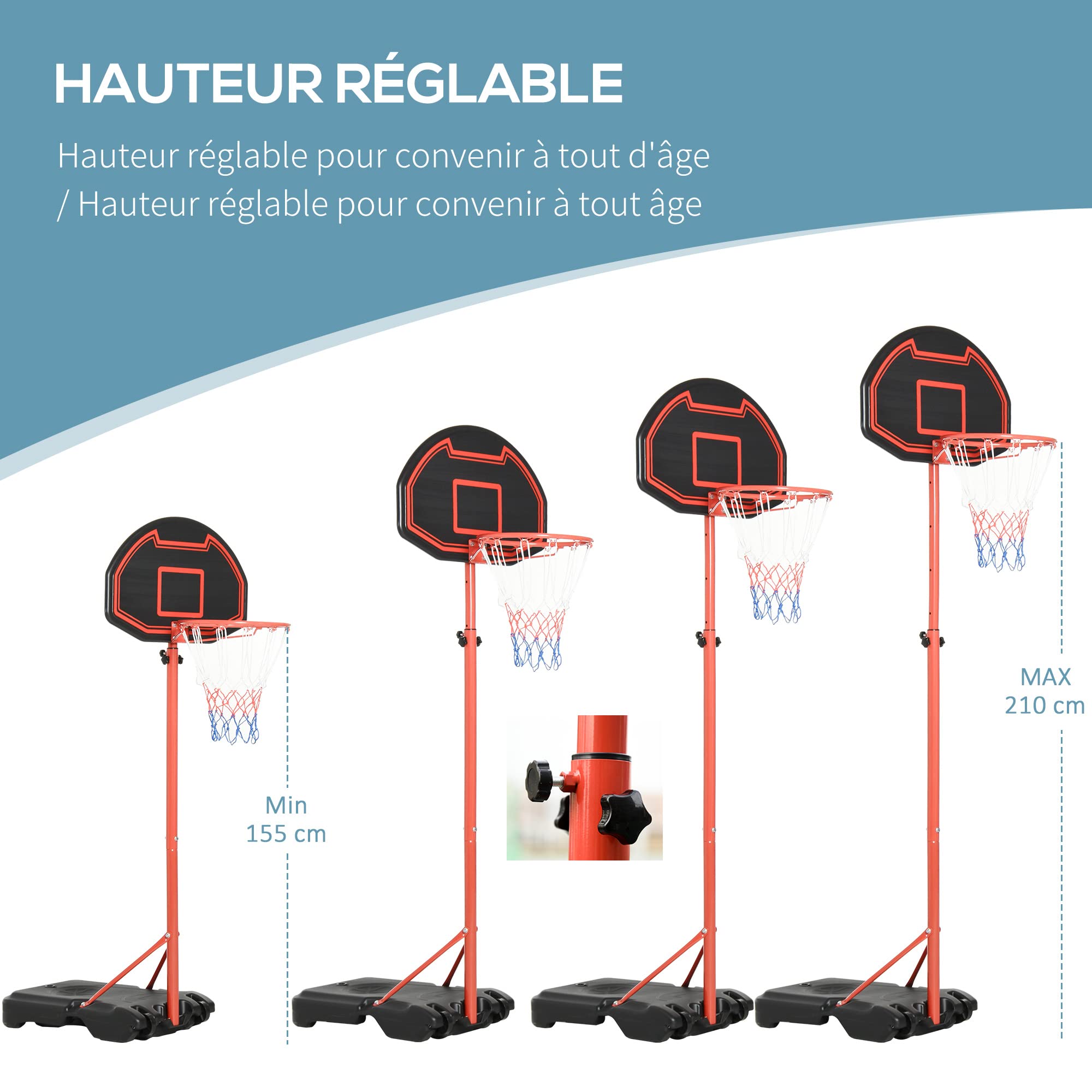 HOMCOM Panier de Basket extérieur avec Poteau Panneau, Base de lestage sur roulettes Hauteur réglable 155-210 cm (Panier) - Rouge Noir