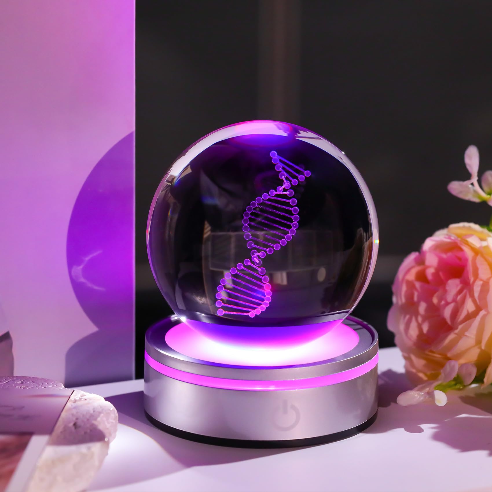 Sfera di cristallo DNA con base a LED, decorazione scientifica unica con incisione laser 3D, regalo per insegnanti di biologia, studenti di medicina e amanti della scienza, luce notturna