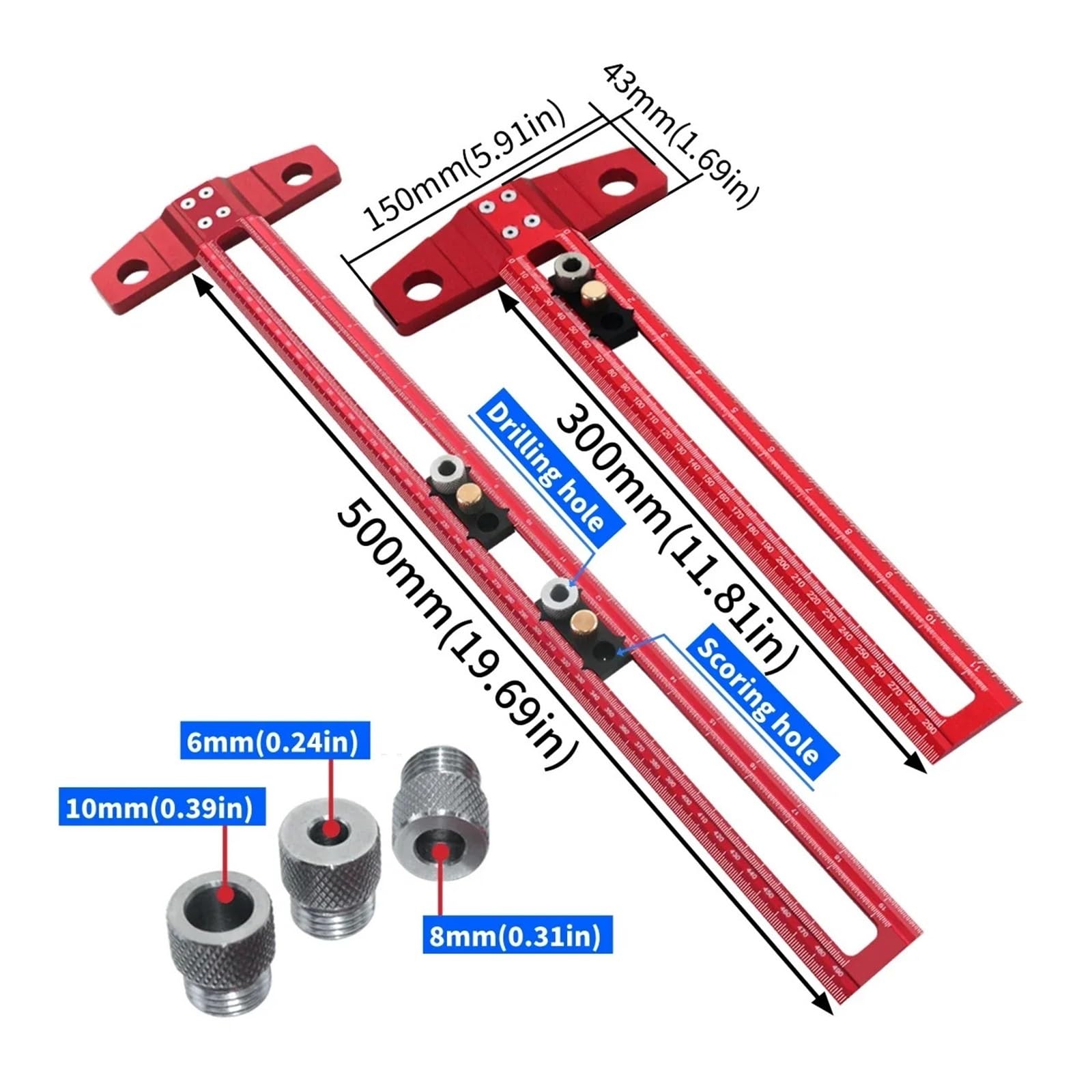 Kątownik (narzędzie stolarskie) 2 w 1, linijka do pozycjonowania otworów, uniwersalny szablon kołkowy ze stopu aluminium z tulejami wiertniczymi 6/8/10 mm i blokiem aktywności (TH-300 mm)