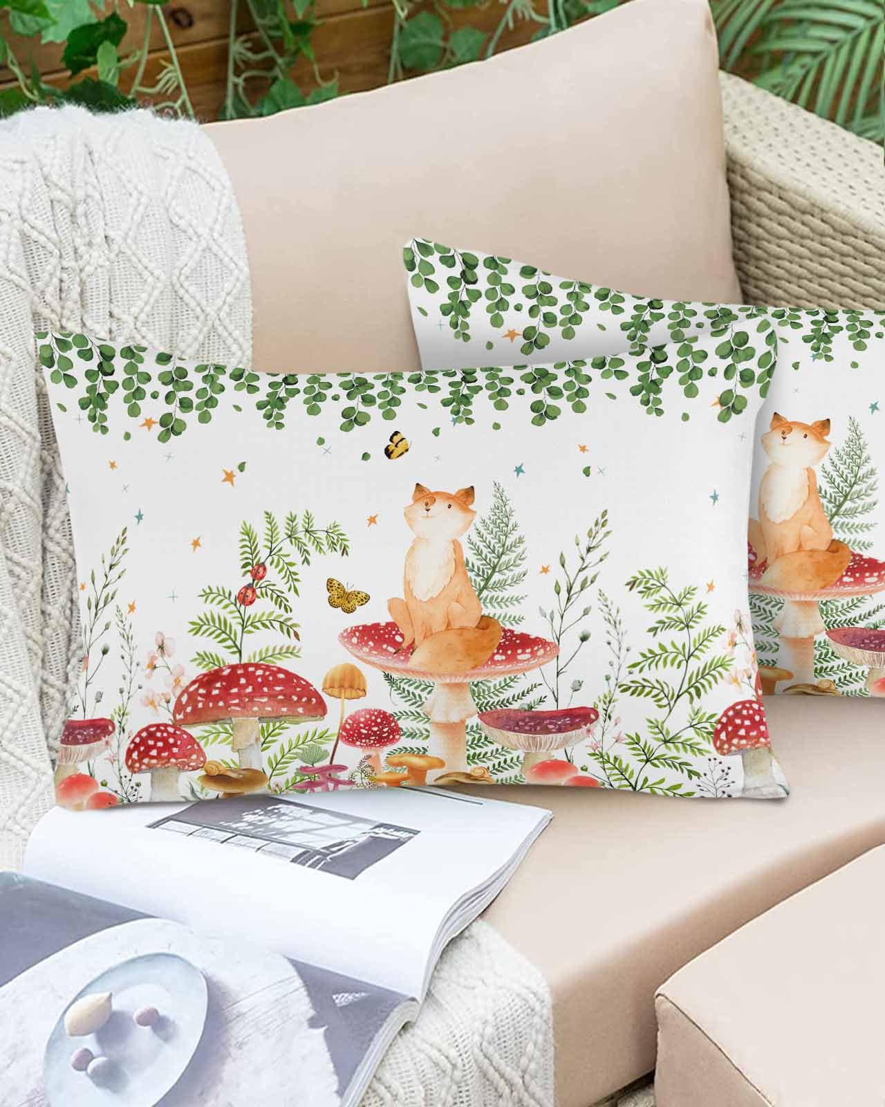 Boanket Lumbar Pillow Covers 12 x 20 In, Mushroom Waterproof Throw Pillow Cover Set of 2, Spring Summer Botanical Eucalyptus Leaves Home Decorative Rectangle Cushion Covers for Patio/Tent/Couch/Garden