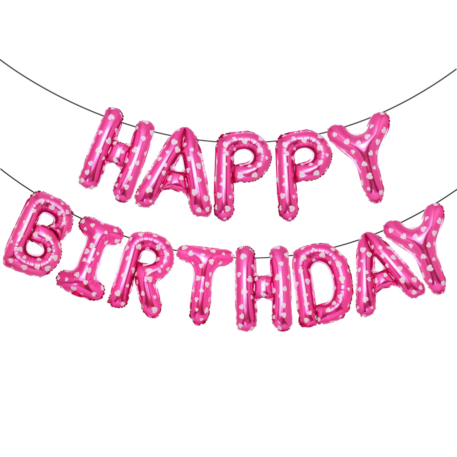 Accevo Pink Happy Birthday Banner,16 Inch Mylar Foil Letters Balloons Heart Pattern Balloons Happy Birthday Balloon for Kids, Child, Adults, Boys &