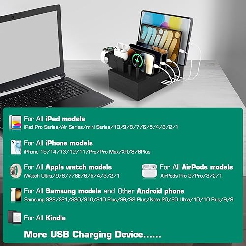 Miniatura 5 de Estación de carga de bambú para múltiples dispositivos con 7 puertos USB, 6 cables mixtos y soporte de reloj, estación de acoplamiento de escritorio