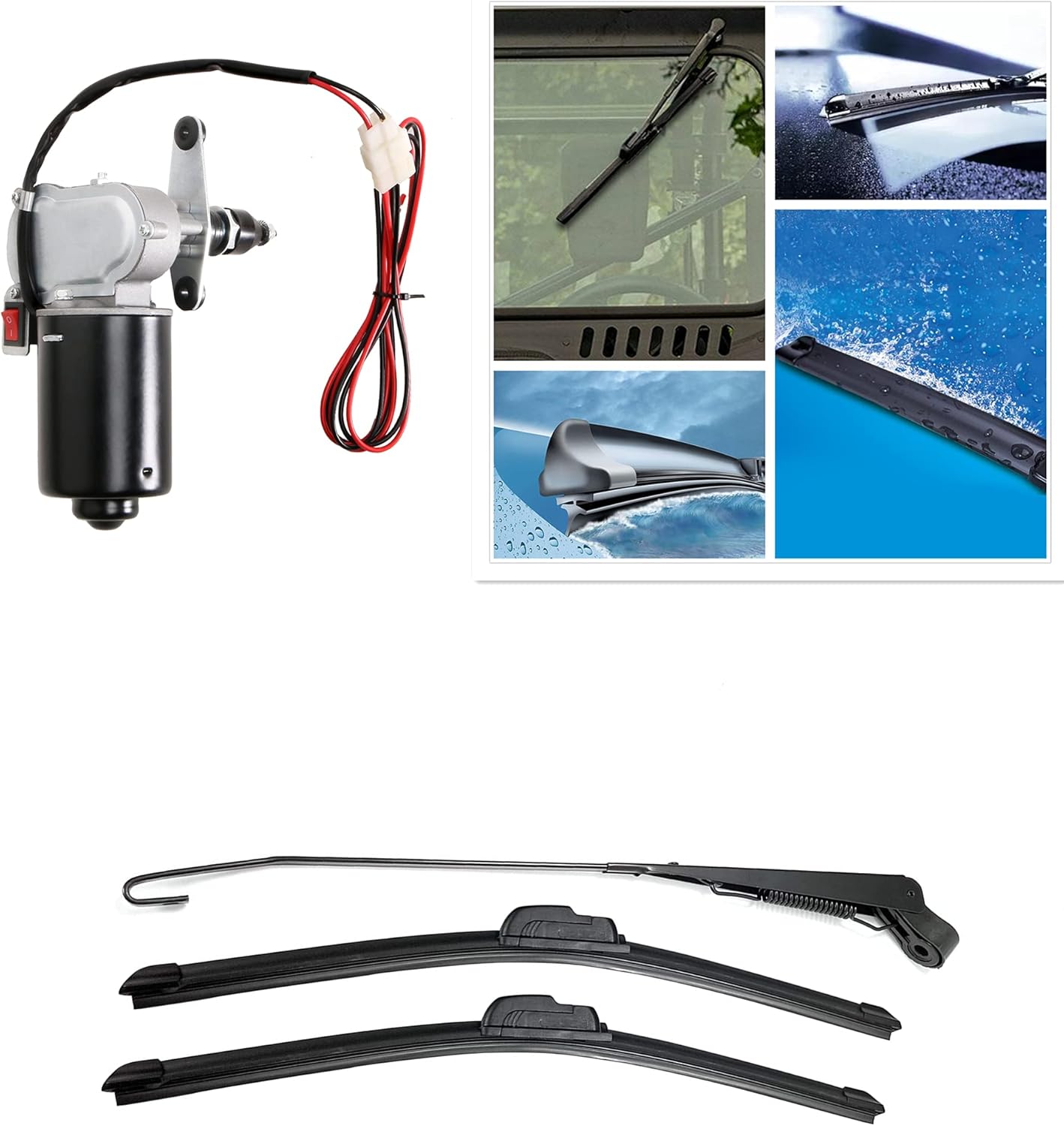 Electric UTV Windshield Wiper Compatible with Polaris Ranger RZR Can Am Kawasaki Golf Cart Snow Plow Windshield Wiper Blades Assembly 110 Degree Motor 2Pcs Blades (Instruction Included)