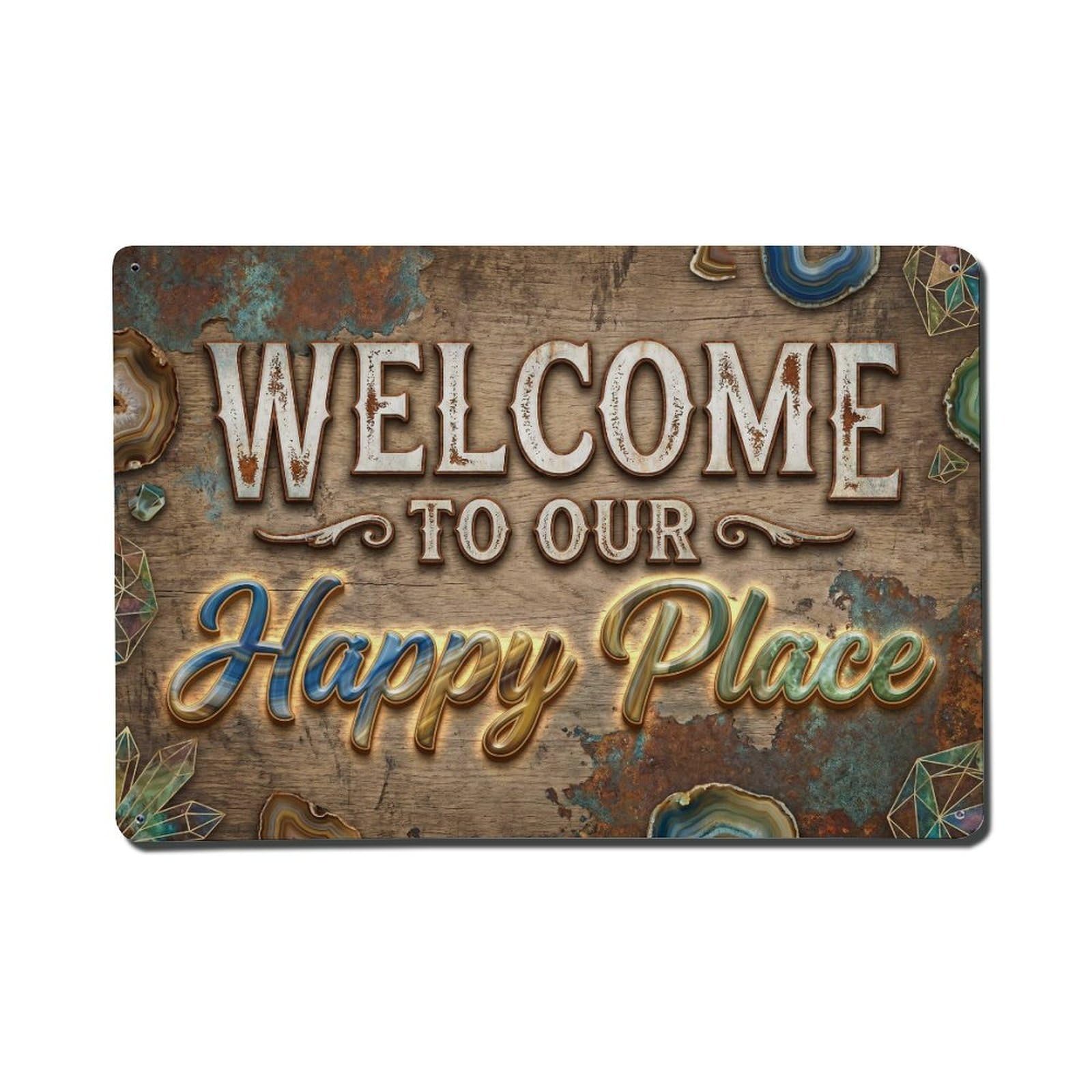 Okngb Style Turquoise Gem Welcome Happy Place Patina Frame Motif Metal Tin Sign Plaque Wall Decor For Cafe, Man Cave, Club Bar, Office, Home Garden Round Metal Poster 8X12inch