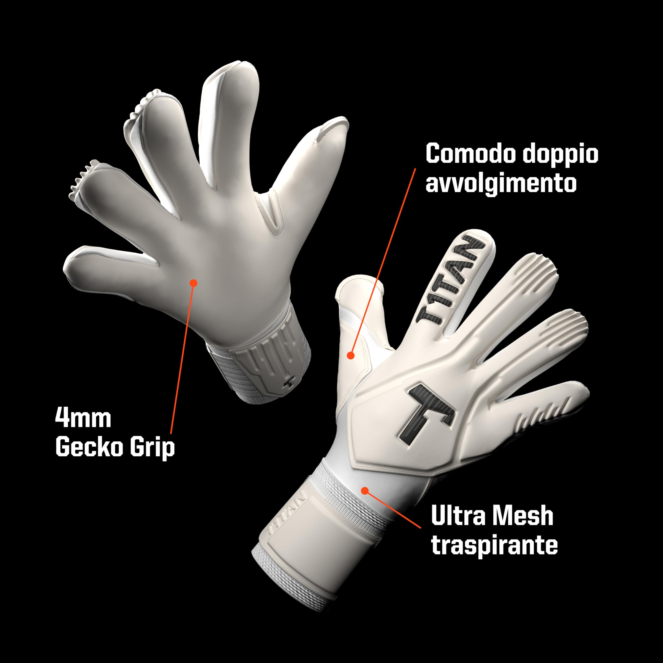 T1TAN Legend White-Out Guanti da portiere per allenamenti e partite, bambini e adulti, guanti professionali, schiuma adesiva Gecko Grip da 4 mm