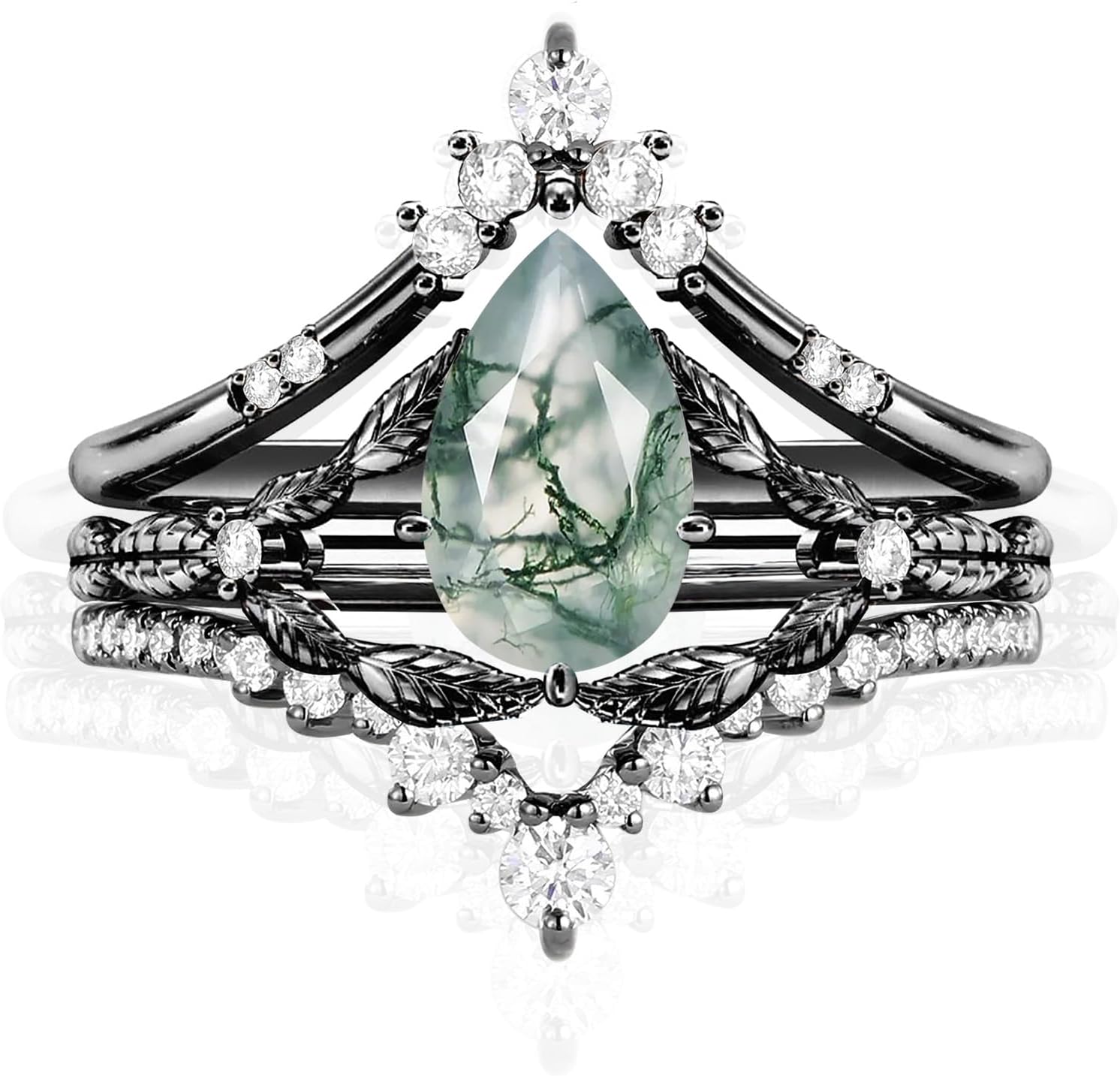 Black Moss Agate Wedding Ring Set 925 Sterling Silver /10k/14k/18k Gold Oval/Pear/Kite/Round/Heart for Women Ring Moss Agate Engagement Ring for Wife/Mother