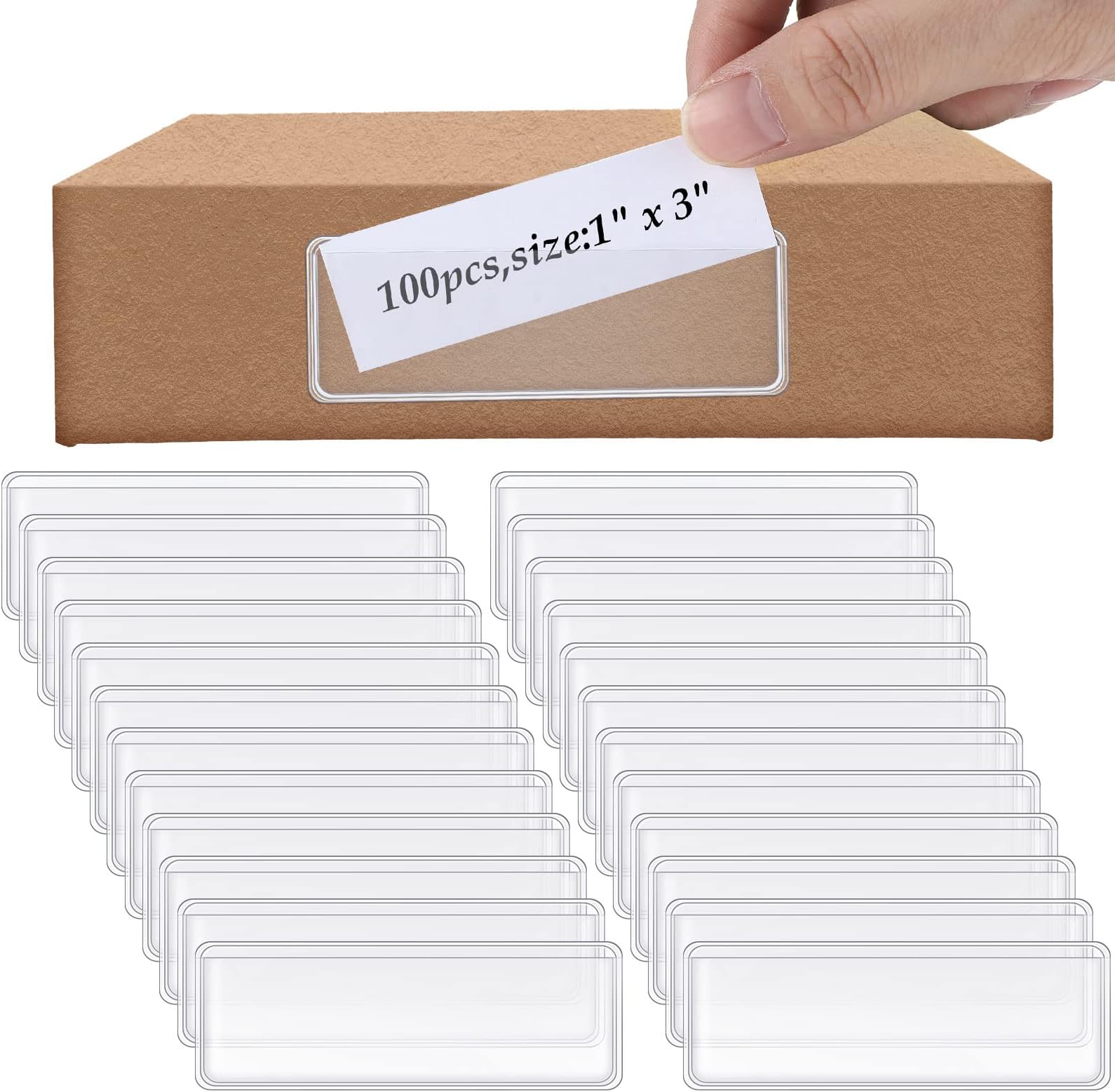 100 Pcs Label Holder Self Adhesive Clear Pocket 3x1 Inch Plastic Shelf Tag Sticking Index Card Pocket for Supermarket Library Kitchen Business Bookshelf Mailbox File Cabinet Storage Bin