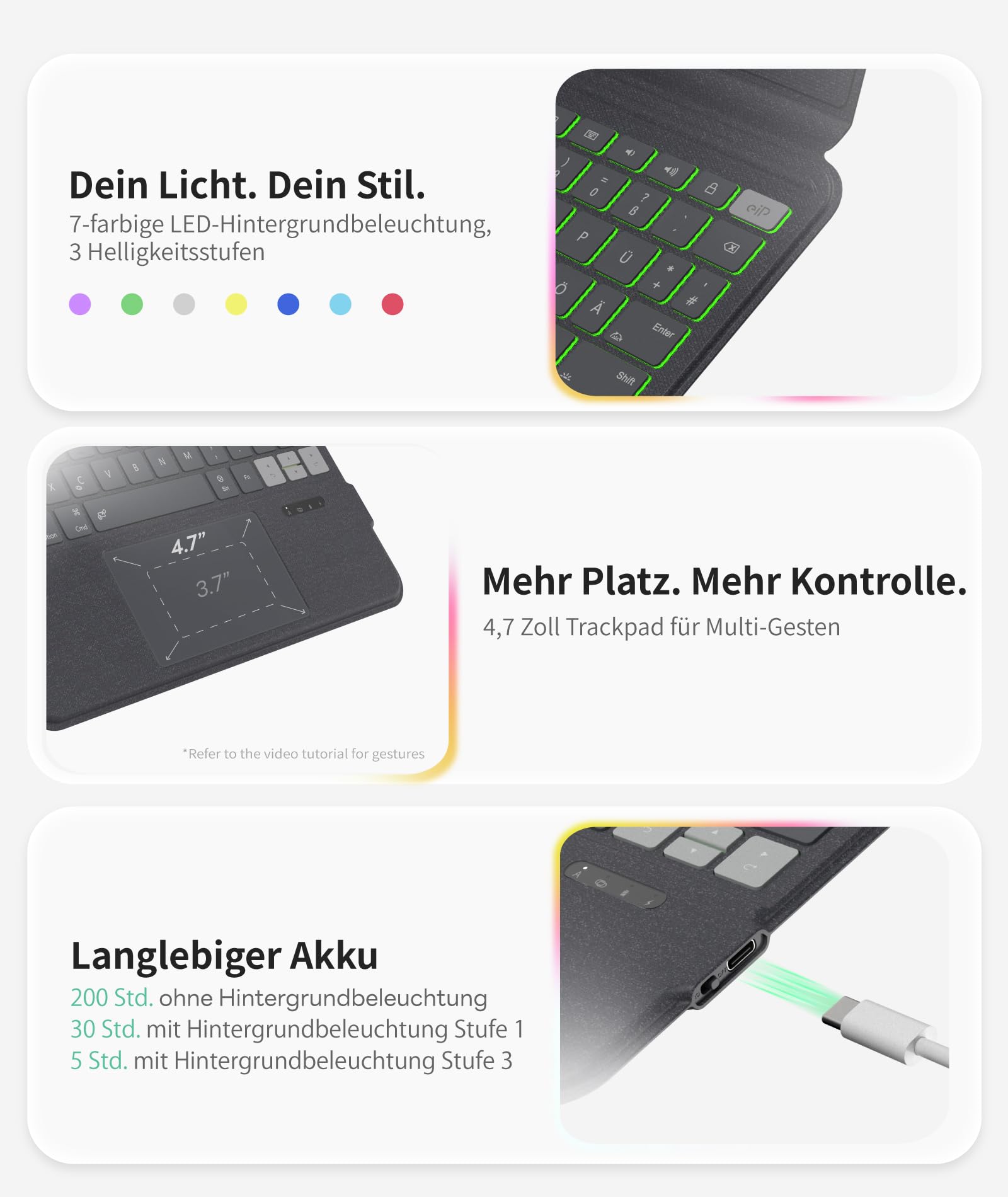 eip Bluetooth-Tastaturhülle für iPad Air 13" M3 (2025) / M2 (2024), magnetisch abnehmbar mit Trackpad, 7-farbig beleuchtete Tasten, Stylus-Shortcuts, schlankes Schutz-Design, kabellos