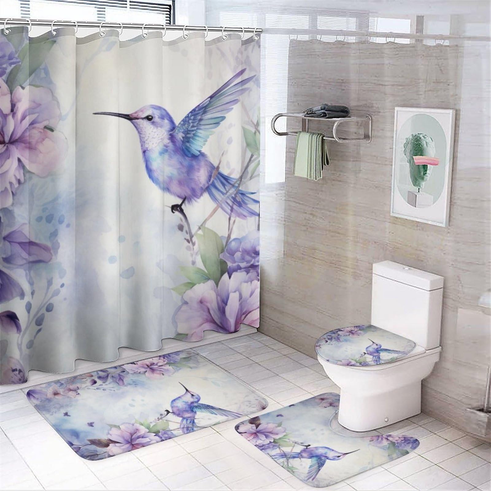 4Pcs Beautiful Bird Shower Curtain Sets, Asian Flower Cute Hummingbird Animal Bathroom Set with Shower Curtain, Toilet Lid Rug, Non-Slip Rugs and Bath