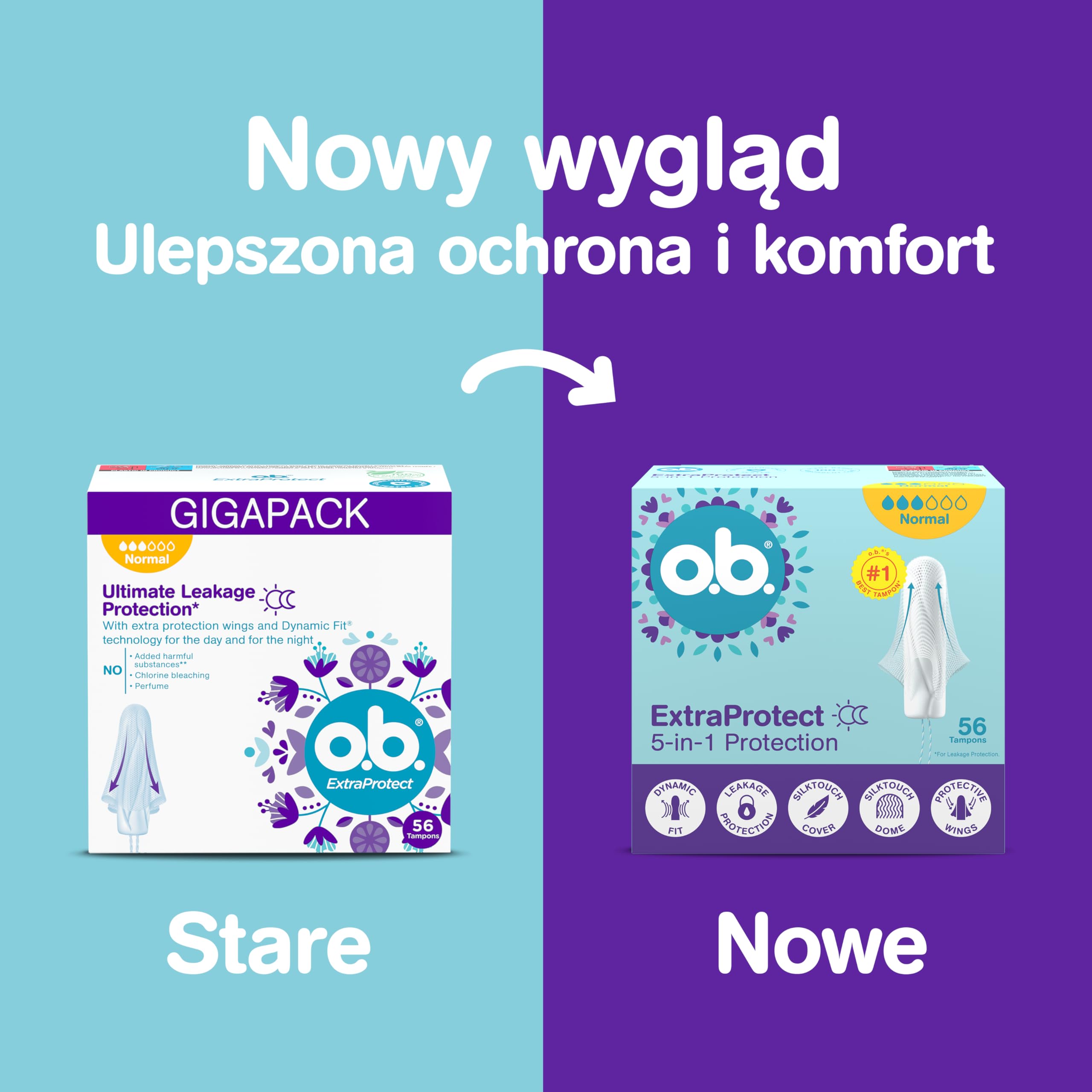 o.b. ExtraProtect Super Plus Tampony 36 szt. NOWOŚĆ, dodatkowe skrzydełka zabezpieczające, do 100% ochrony przed przeciekaniem w dzień i w nocy, na bardzo obfite krwawienie, duże opakowanie
