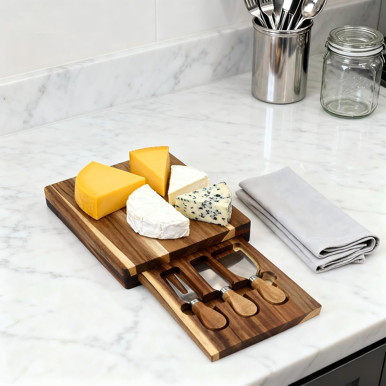 Garvee 3 Pack Cheese Board Set 9 x 7.9 in Cutting Board and Knife Set, Acacia Wood Charcuterie Board Sets, House Warming Gifts, New Home, Wedding Gifts