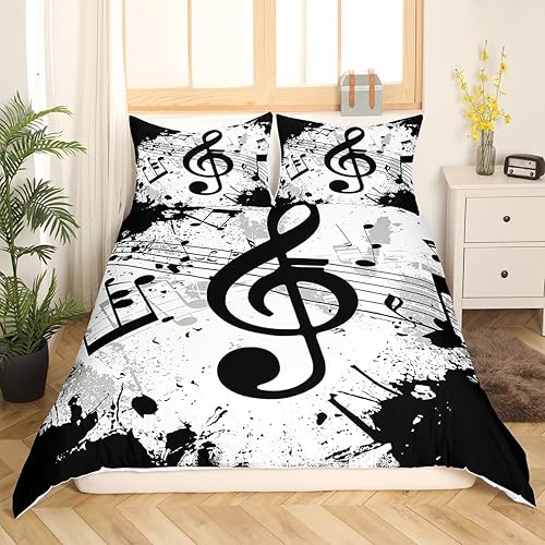 Miniatura 3 de Juego de ropa de cama con notas musicales, funda de edredón de música pop para niños, funda de edredón de tinta de teñido anudado en blanco y negro
